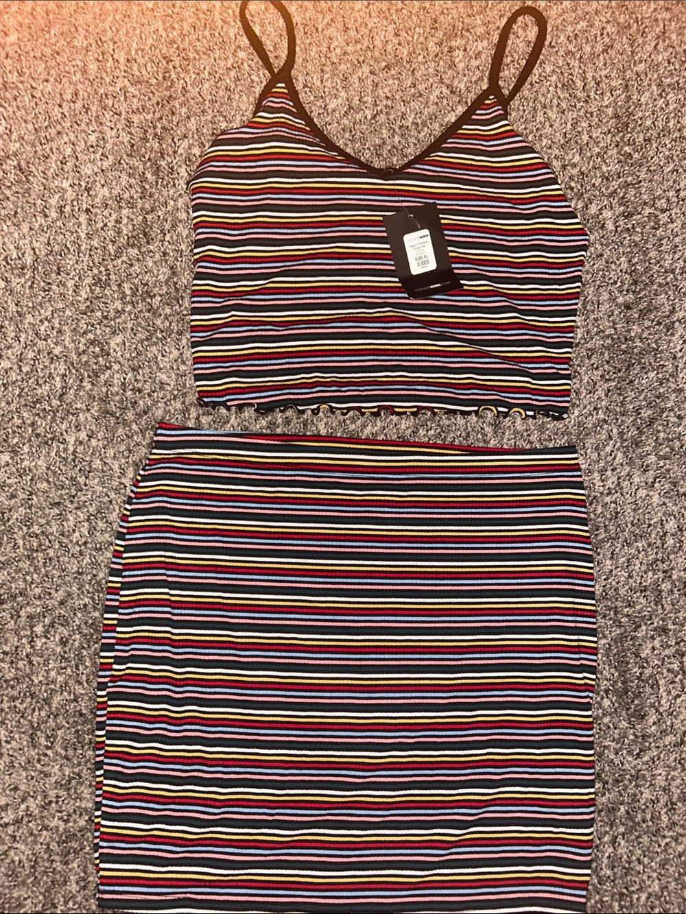 Fashion Nova Multicolor Striped Two-Piece Skirt Set - Black Trim